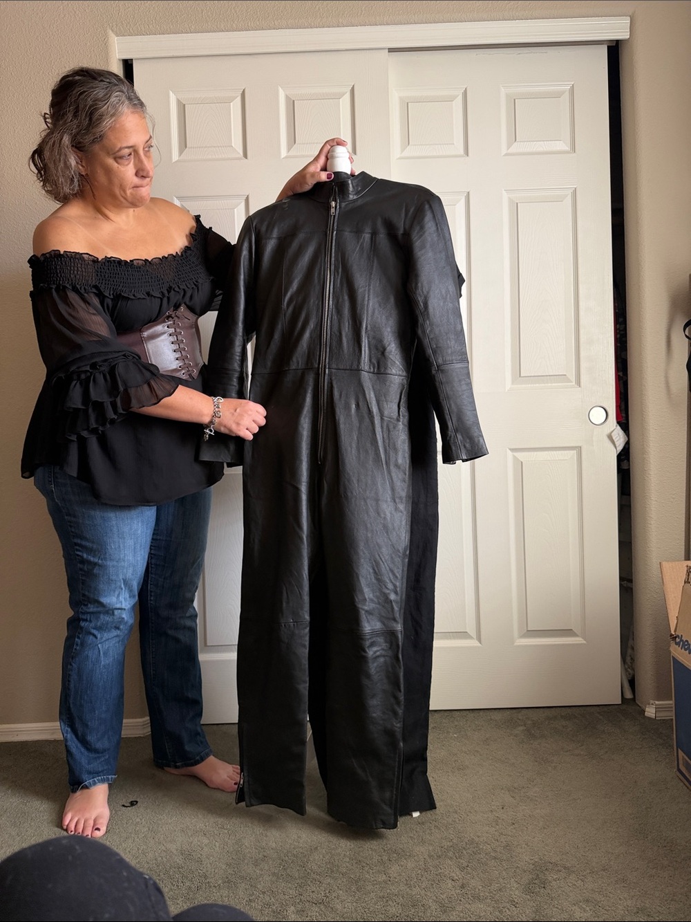 NOBO Black Long Leather Jumpsuit with Front Zip